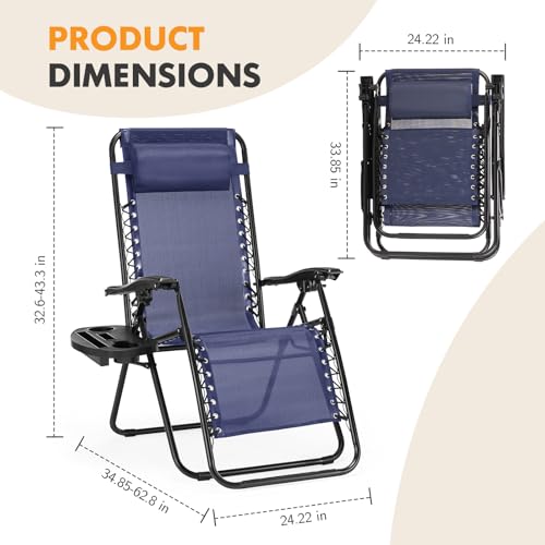 NEWBULIG Zero Gravity Chair Set of 2, Lounge Chair Folding Portable Adjustable Camping Reclining Chairs with Adjustable Pollow, Mesh Back, Cup Holder Trays Lawn Patio Chair for Pool Beach
