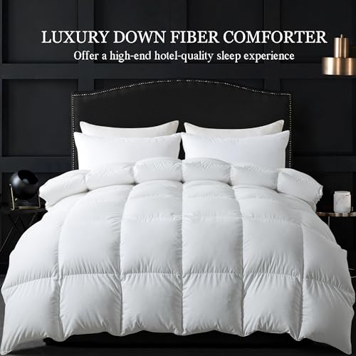 ELNIDO QUEEN® Feather Comforter Full Size, Filled with Feather and Downfiber, Luxurious All Season Fluffy Duvet Insert, Ultra Soft Hotel Collection 100% Cotton Cover Bed Comforter, White 82x86 Inch ELNIDO QUEEN