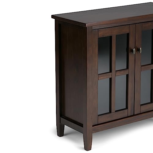 SIMPLIHOME Warm Shaker SOLID WOOD 32 inch Wide Rustic Low Storage Cabinet in Tobacco Brown, with 2 Adjustable Shelves, Tempered Glass Door - WoodArtSupply