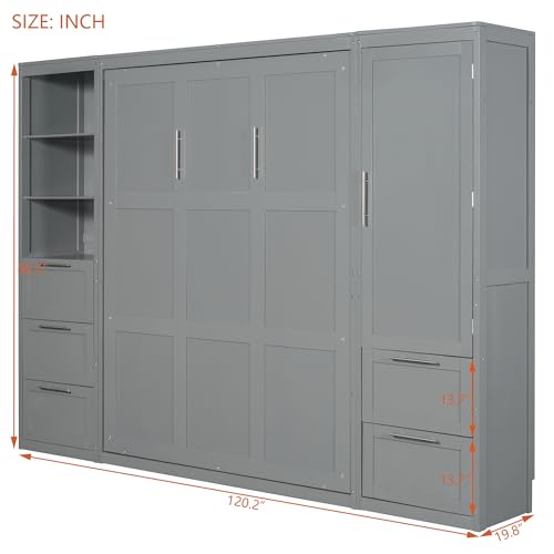Merax Murphy Bed Queen with Wardrobe, Queen Size Wall Murphy Bed with 5 Drawers and Storage Shelves, No Box Spring Needed, Gray Merax
