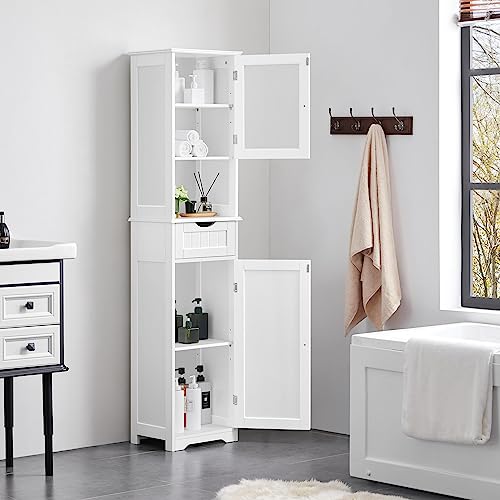 Yaheetech 67" Tall White Bathroom Storage Cabinet with Glass Door and Adjustable Shelves - WoodArtSupply