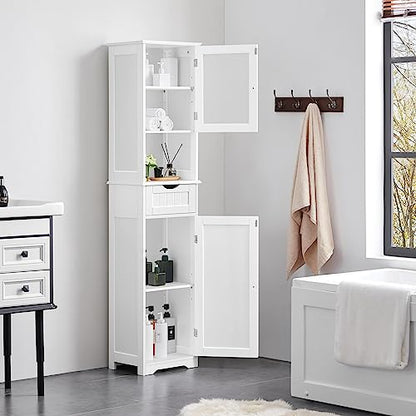 Yaheetech 67" Tall White Bathroom Storage Cabinet with Glass Door and Adjustable Shelves - WoodArtSupply