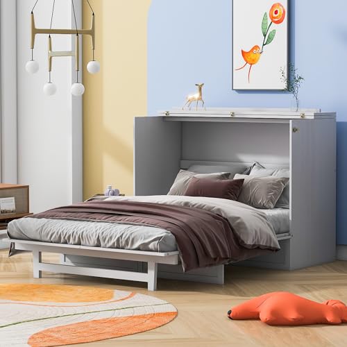 YOPTO Full Size Murphy Bed Chest,Folding Storage Wall Bed with Large Drawers,USB Ports & 2 Three-Prong Outlets,Hidden Cabinet Platform Bed W/Wood Slats Support,for Bedroom,Guest Room,Brushed White YOPTO