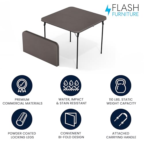 Flash Furniture Dunham 2.83' Square Plastic Folding Event Table with Carrying Handle, Bi-Fold Banquet Table for Indoor/Outdoor Events, Dark Gray Flash Furniture
