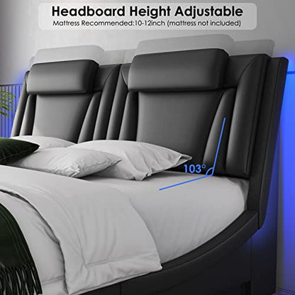 Keyluv LED Upholstered King Bed Frame with Adjustable Headboard and Wave-Like Design in Black - WoodArtSupply