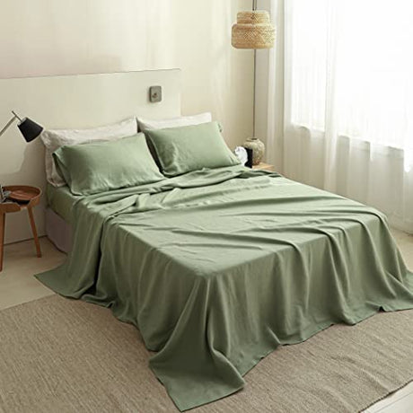 Simple&Opulence French Linen Flat Sheet,100% Natural Flax Bedding Sheet with Stone Washed King Size(108''x102'') Ultra Soft Breathable-1 Piece Flat Top Sheet Only Basic Style, Sage Green Simple&Opulence