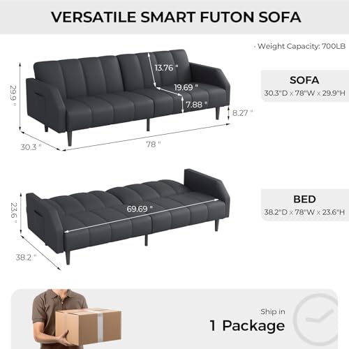 COPIAE Faux Leather Sofa Bed, 78“ Futon Sofa Bed, Adjustable Futon Set Backrest, Sleeper Sofa Couch, Modern Decor Love Seat Couches, Upholstered Couch for Living Room, Bedroom, Dark Gray COPIAE