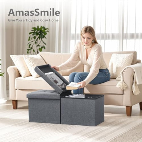 AmasSmile Storage Bench Folding Storage Ottoman Foot Rest Stool, 34 inch Grey Linen Footstool Bench, Short Ottoman Bench, Storage Foot Rest Store as Books, and Blanket Storage or Others AmasSmile