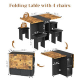 furlinkhm Folding Dining Table Set for 4, Dinner Table with 4 Leather Chairs and Shelves, Space Saving Foldable Dining Table with 6 Wheels, Kitchen Table for Small Spaces (Brown+Black) furlinkhm