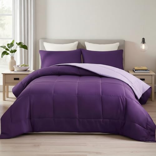 Exclusivo Mezcla Lightweight Reversible Twin Size Comforter Set, Down Alternative Comforter with 1 Pillow Sham, Twin Size Bedding Set for All Seasons, Deep Purple/Lilac Exclusivo Mezcla