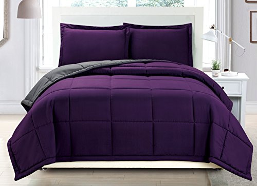 Grand Linen 3 Piece Luxury Dark Purple/Grey Reversible Soft Down Alternative Comforter Set, Full/Queen with Corner Tab Duvet Insert Grand Linen