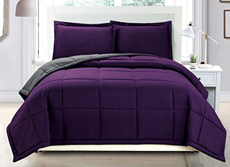 Grand Linen 3 Piece Luxury Dark Purple/Grey Reversible Soft Down Alternative Comforter Set, Full/Queen with Corner Tab Duvet Insert Grand Linen