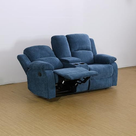 Prettyeo Reclining Sofa Set for Living Room, 2 Pieces Fabric Recliner Sofa Loveseat Set with Cup Holders & Storage Console, Manual Reclining Furniture for Home Theater, Office, Club | Blue, Microfiber Prettyeo