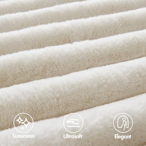 Madison Park Jasmine King Comforter Set, Luxurious Reversible Faux Fur Plush Ribbed Velvet Bedding, Fuzzy Thick Warm Winter Comforter, Super Soft Fluffy 3-Piece Set Ivory Madison Park