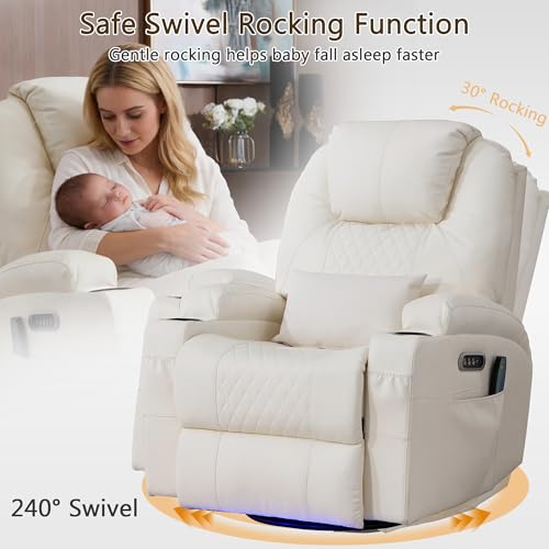 Dual Motor Power Swivel Rocker Recliner Chair with Heat and Massage,Electric Glider Rocking Chairs for Nursery,Theater Seating with LED Lights, USB A/USB C Ports for Living Room (1, Beige)