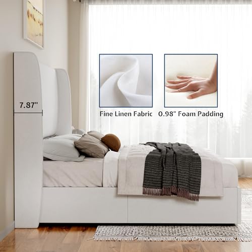 Jocisland Queen Size Bed Frame Lift Up Storage Bed Linen Upholstered Bed Frame with Hydraulic Storage/Wingback Headboard/No Box Spring Needed/White Jocisland