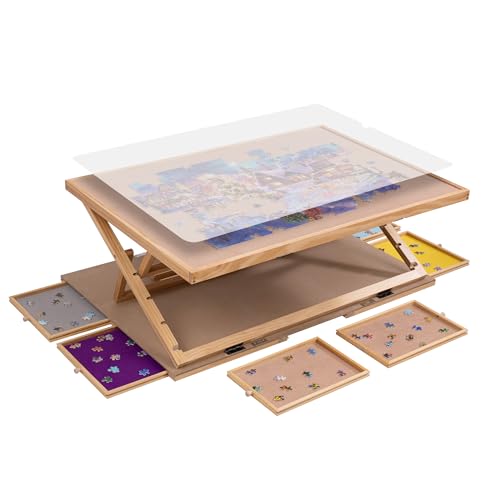 Lavievert Angle & Height Adjustable Puzzle Board with 2 Stands/Easels for Adults, Jigsaw Puzzle Plateau with 6 Drawers & Cover, Portable Tilting Table with Non-Slip Tabletop for Up to 1500 Pi - WoodArtSupply