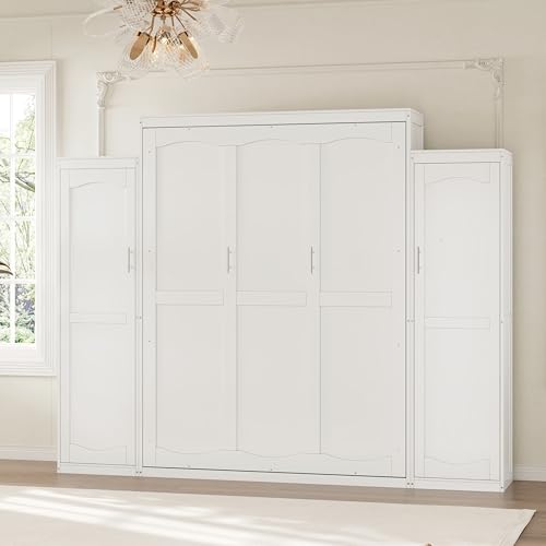 Merax Full Size Wood Murphy Bed, with 2 Wardrobe and Storage Shelf, Multifunctional Foldable Wall Platform Bedframe for Guest-Room, Bedroom, White Merax