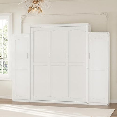 Harper & Bright Designs Full Size Murphy Bed, Wood Full Wall Bed with Two Closets and Storage Shelf, Multifunctional Foldable Platform Bed Frame for Guest-Room/Bedroom, White Harper & Bright Designs