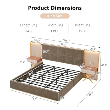 Olodumare Luxury Modern Bed Frame with Velvet Headboard, 2 LED Lights & Floating Nightstands, King, Coffee | Sturdy Wood & Metal Platform Bed, No Box Spring Needed Olodumare