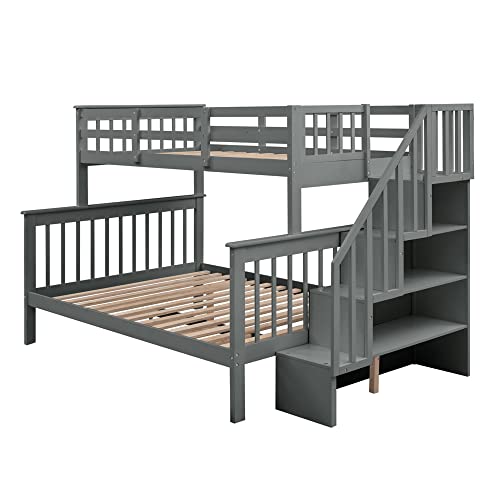 Stairway Bunk Beds Twin Over Full with 4-Step Stairs and Under-Step Storage Shelves, Gray Merax