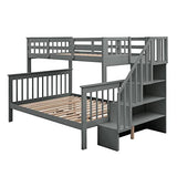 Stairway Bunk Beds Twin Over Full with 4-Step Stairs and Under-Step Storage Shelves, Gray Merax