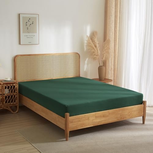 100% Muslin Cotton Emerald Green Fitted Sheet Twin Only with 16" Elastic Deep Pocket, 1 Pack Soft Breathable Absorbent Gauze Single Fitted Bottom Sheet, Minimalist Fluffy Wrinkle Mattress Protector YASMENG