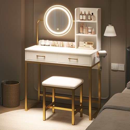 Dowinx Vanity Desk with LED Lighted Mirror & Power Outlet, White Vanity Desk with Adjustable 3 Lighting Modes, Small Vanity Desk for Bedroom, Makeup Vanity with Chair for Girl, Gold and White Dowinx