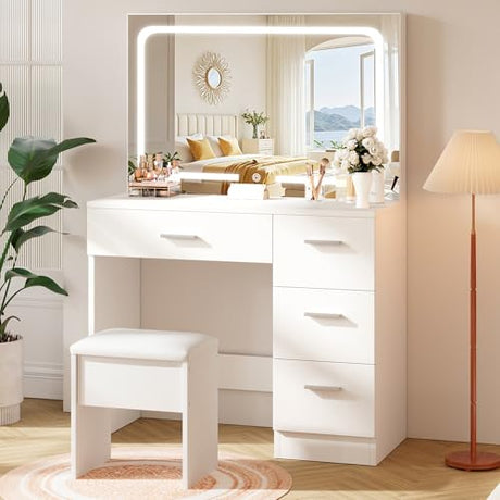 LIVELYGLOW Vanity Desk with LED Mirror, Makeup Vanity with Drawer and Cushion Stool, Dressing Table for Bedrrom, White LIVELYGLOW