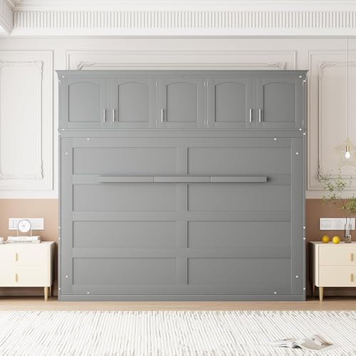 Virubi Queen Horizontal Murphy Bed with Storage Cabinet,Wood Folding Murphy Wall Bed for Adult (Grey,Queen) Virubi