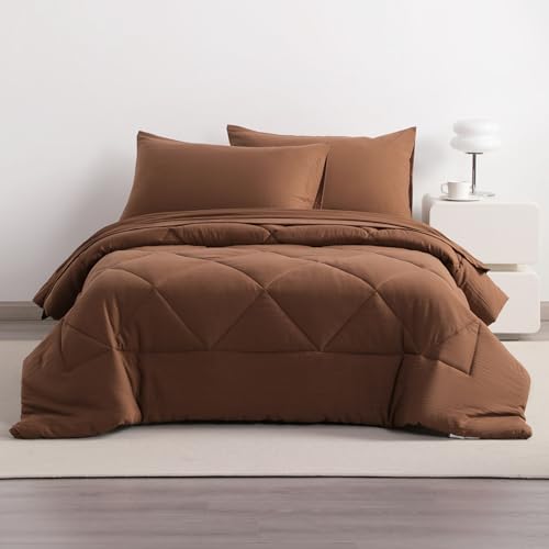 NTBAY Twin Comforter Set with Sheets, 5 Pieces Soft and Breathable Twin Bedding Set, Twin Bed in a Bag, Down Alternative Comforter Set Solid Color All Season, Kids Bedding Set, Brown NTBAY