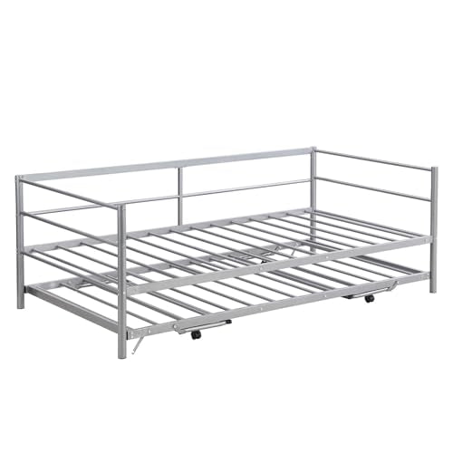 Nahenduo Twin Size Daybed with Pop up Trundle & Adjustable LED Lights, Futon Frame Bed, Metal Sofa Bed Frame for Living Room Bedroom Guest Room, Small Space, No Box Spring Needed (Sliver) Nahenduo
