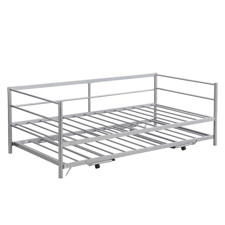 Nahenduo Twin Size Daybed with Pop up Trundle & Adjustable LED Lights, Futon Frame Bed, Metal Sofa Bed Frame for Living Room Bedroom Guest Room, Small Space, No Box Spring Needed (Sliver) Nahenduo