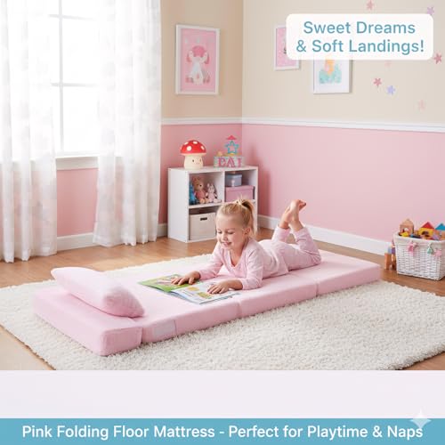 Givjoy Foldable Floor Mattress with Pillow for Kids, Toddler Washable Tri Folding Floor Nap Mat for Sleeping Daycare, Child Trifold Futon Sofa Bed with Storage Bag for Playroom Girls and Boys, Pink Givjoy