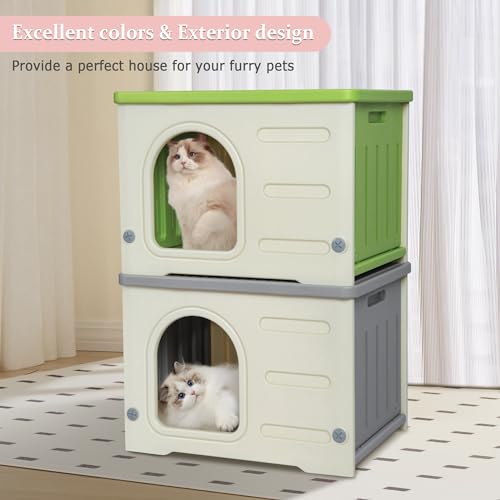 Deblue Weatherproof Cat House for Indoor Outdoor, Durable Outside Cat House for Feral Cats, Unique Cat Shelter for Small Pet, Spacious, Easy to Assemble - Grey Deblue