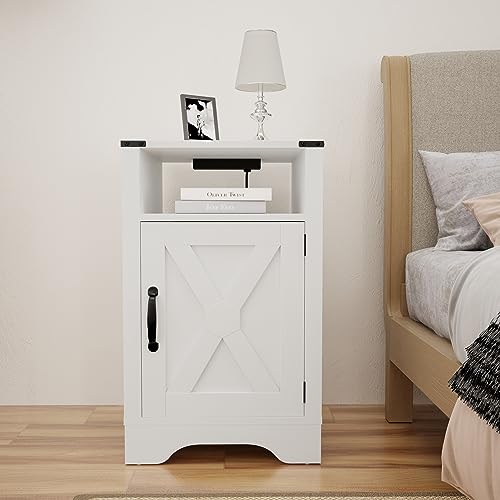 RoyalCraft Farmhouse Nightstand with Charging Station, Tall Bedside Table with Large Storage Room and Shelf, Wooden Rustic End Table for Bedroom, Living Room (White) - WoodArtSupply