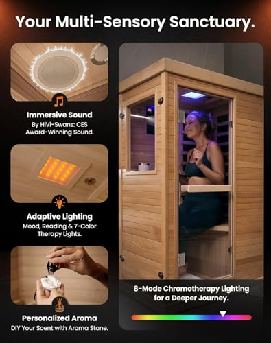 PAETA Infrared Sauna | 1-Person Indoor Dry Sauna with 5 Carbon Heaters | Fast & Even Heating Low EMF | Bluetooth & Chromotherapy for Home Sauna(Wooden) PAETA