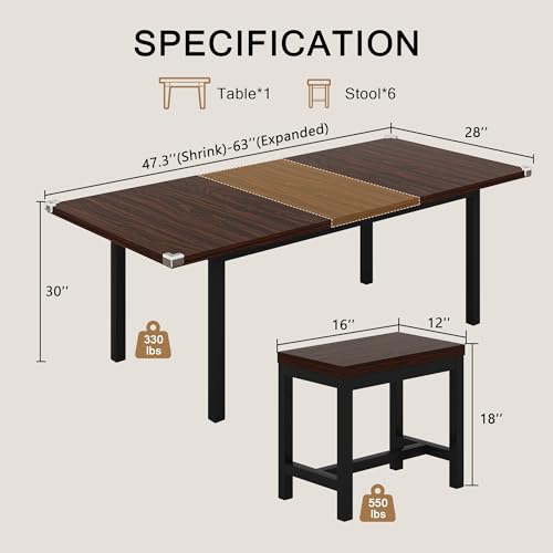 Einhomn 7-Piece Dining Table Set, 63" Extendable Kitchen Room Table with 6 Stools, Mid Century Modern Dinner Table with Metal Frame & MDF Board, Space-Saving, Easy Assembly, Espresso Einhomn