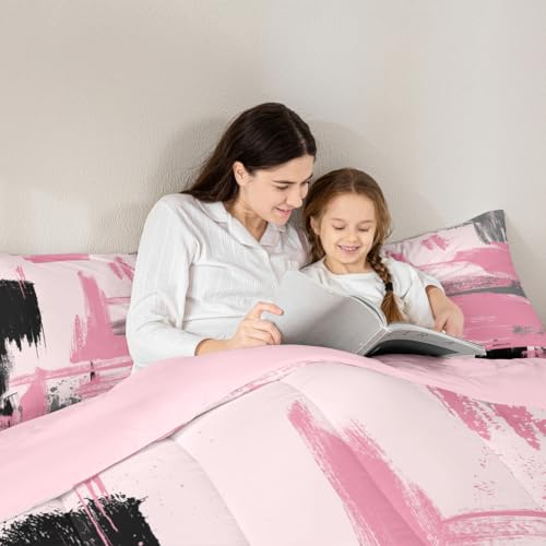 Erosebridal Girls Pink and Black Comforter Set Full Size Girly Abstract Pink Comforter Set for Kids Teens Women Geometric Modern Bedding Sets Minimalists Striped Art Bed Sets for Adults Boys Men Erosebridal