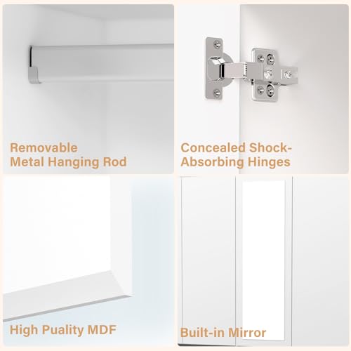 Wakefit 6 Door Armoire Wardrobe Closet with Large 3 Drawers & 2 Mirror, Wooden Bedroom Armoires with Shelves and Hanging Rod, Freestanding Wardrobe Cabinet for Bedroom, Guest Room (White) Wakefit