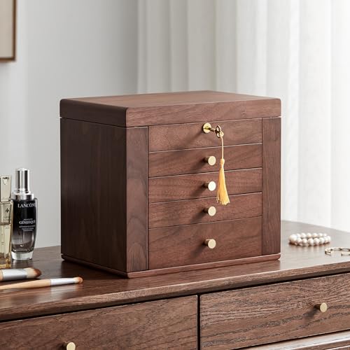 CHOSIN Black Walnut Wooden Jewelry Box for Women Classical Wooden with Two Side Doors 5-Layer with Mirror 5 Big Drawers Watch Necklace Ring Earring CHOSIN