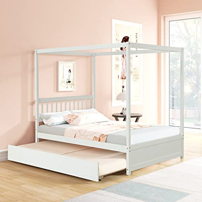 Bellemave Full Size Canopy Bed with Twin Trundle, Platform Bed with Headboard for Bedroom Guestroom Small Room, Solid Wood Bed Frame with Support Slats, Easy Assembly, No Box Spring Needed (White)