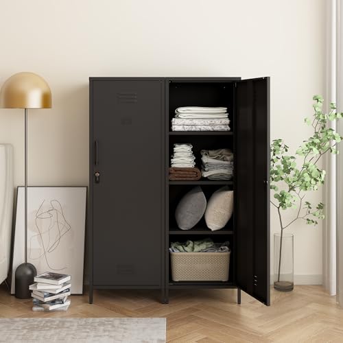 Steehoom Locker Cabinet, 59.06" H Black Metal Locker Storage Cabinet for Employees with Locking Door and 2 Shelves Kids Locker Tool File Cabinets for Bedroom, Home Office, Garage, Bathroom Steehoom