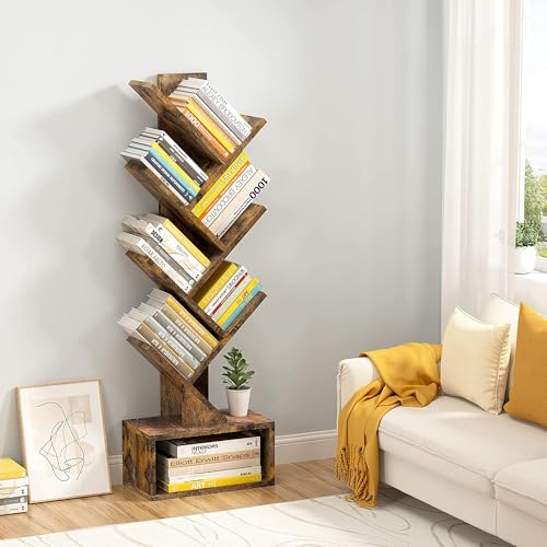 Hoctieon Rustic Brown 6-Tier Tree Bookshelf with Drawer - Stylish Freestanding Storage Solution for Home & Office - WoodArtSupply