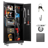 GangMei Metal Broom Closet Storage Cabinet with Hanging Rod, Garage Storage Cabinet with Wheels and 4 Shelves, Pegboard and 13 Hooks for Garage Home, Black, Assembly Required GangMei
