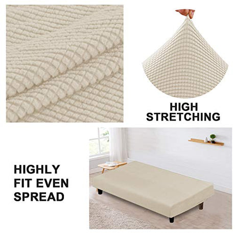 Turquoize Stretch Futon Cover Full Size Armless Sofa Bed Cover Futon Couch Cover Furniture Protector with Elastic Bottom Feature Thick Soft Checked Jacquard Fabric, Machine Washable, Biscotti Beige Turquoize