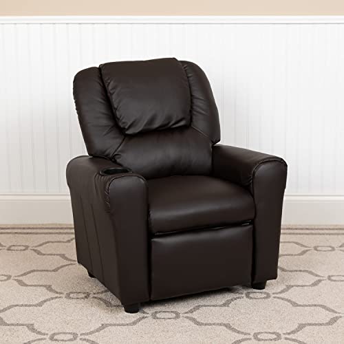 Flash Furniture Vana LeatherSoft Kids Recliner with Cup Holder, Headrest, and Safety Recline, Contemporary Reclining Chair for Kids, Supports up to 90 lbs., Brown