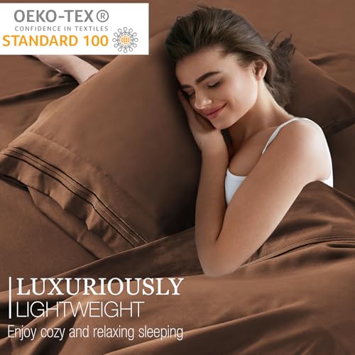 Yibeizi Twin Sheets Set, Brown Cooling Hypoallergenic Microfiber Single Bed Sheets, Soft Oeko-Tex Extra Deep Pocket Sheets & Pillowcases Wrinkle Free Bedsheets Yibeizi