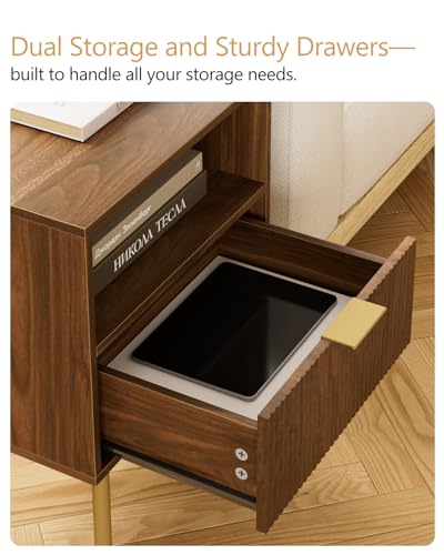 Masupu Night Stand,Mid-Century Modern Bedside Table with Storage Drawer and Open Wood Shelf,Small Gold Frame Side Table for Bedroom,Living Room, Walnut Masupu