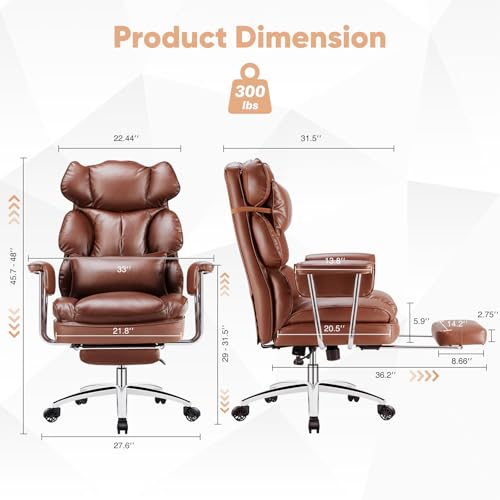 Sweetcrispy Executive Home Office Desk Chair - Ergonomic Big Tall High Back with Footrest & Lumbar Support, Reclining Height Adjustable, Comfy PU Leather Computer Gaming with Swivel Wheels, Brown Sweetcrispy